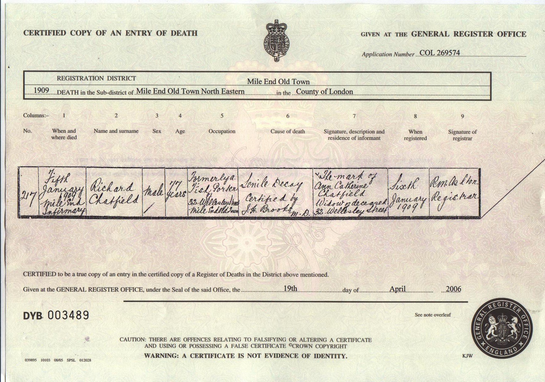 Richard CHATFIELD 1831-1909 Death Certificate