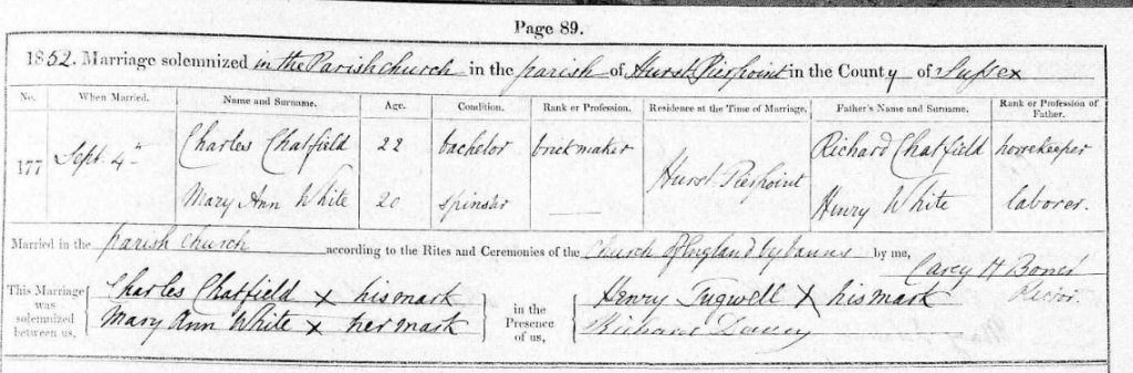 CHATFIELD Charles - WHITE Mary Ann marriage 1852