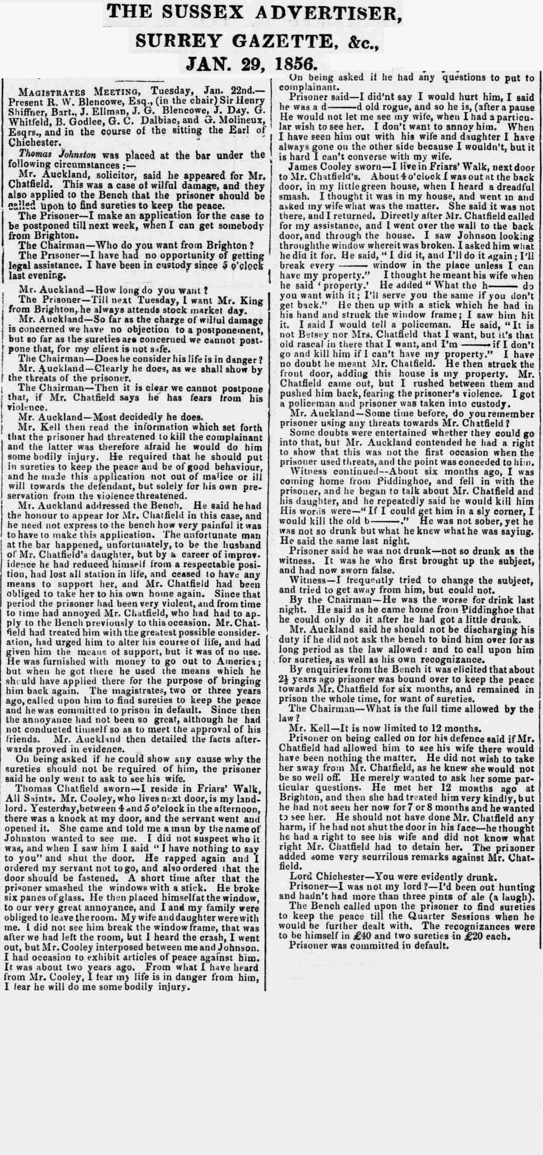 Thomas CHATFIELD 1786-1876 Newspaper article 1856
